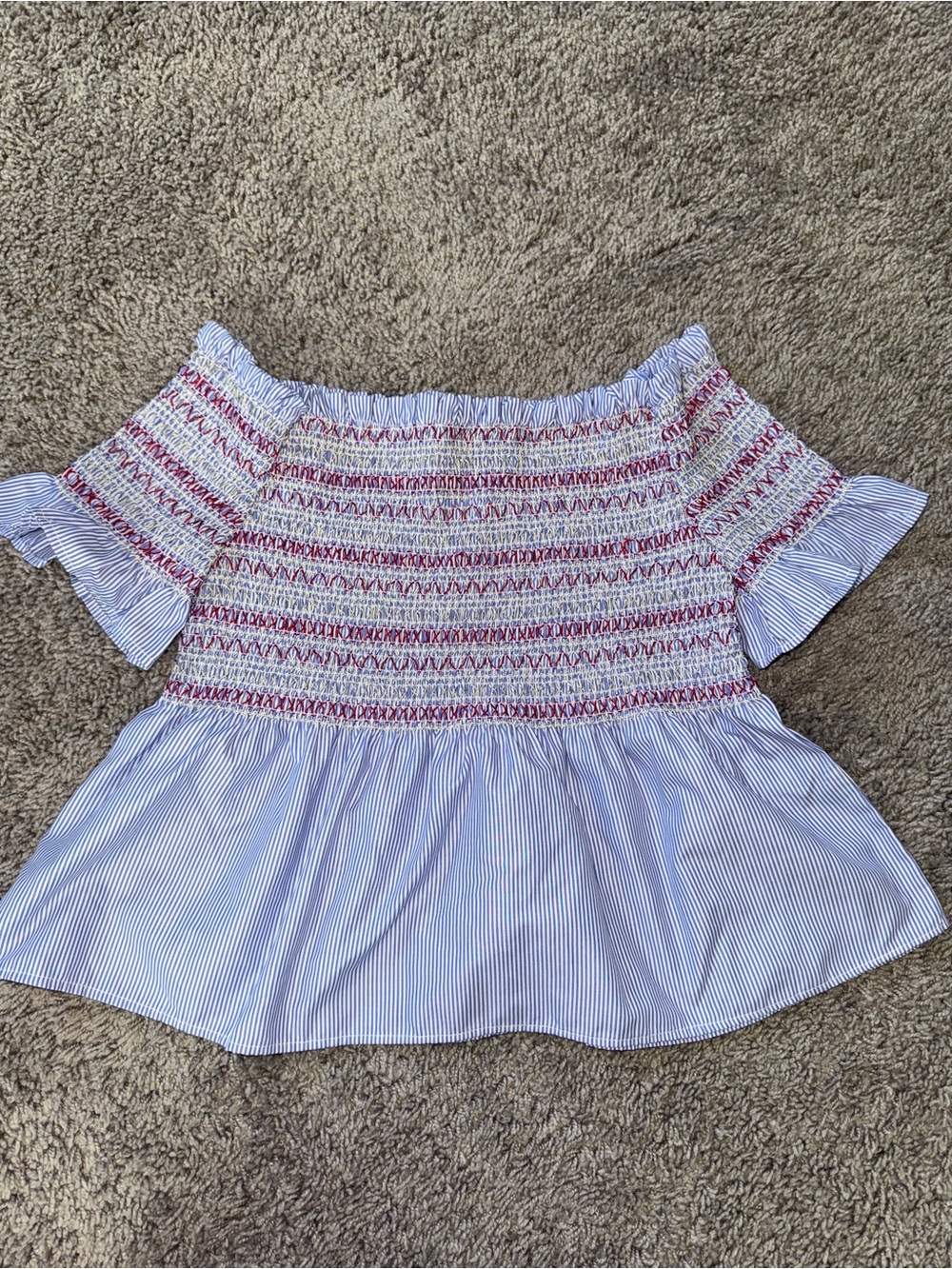Off-Shoulder Smocked Peasant Top in Blue and White with Red Accent